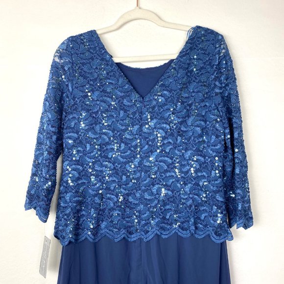 Alex Evenings Mock Two-Piece Sequin Chiffon Gown Lace Dress Wedgewood 12 - Picture 8 of 11